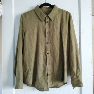 Relaxed Fit Earthy Green Lightweight 100% Linen Long Sleeve Button Up Shirt